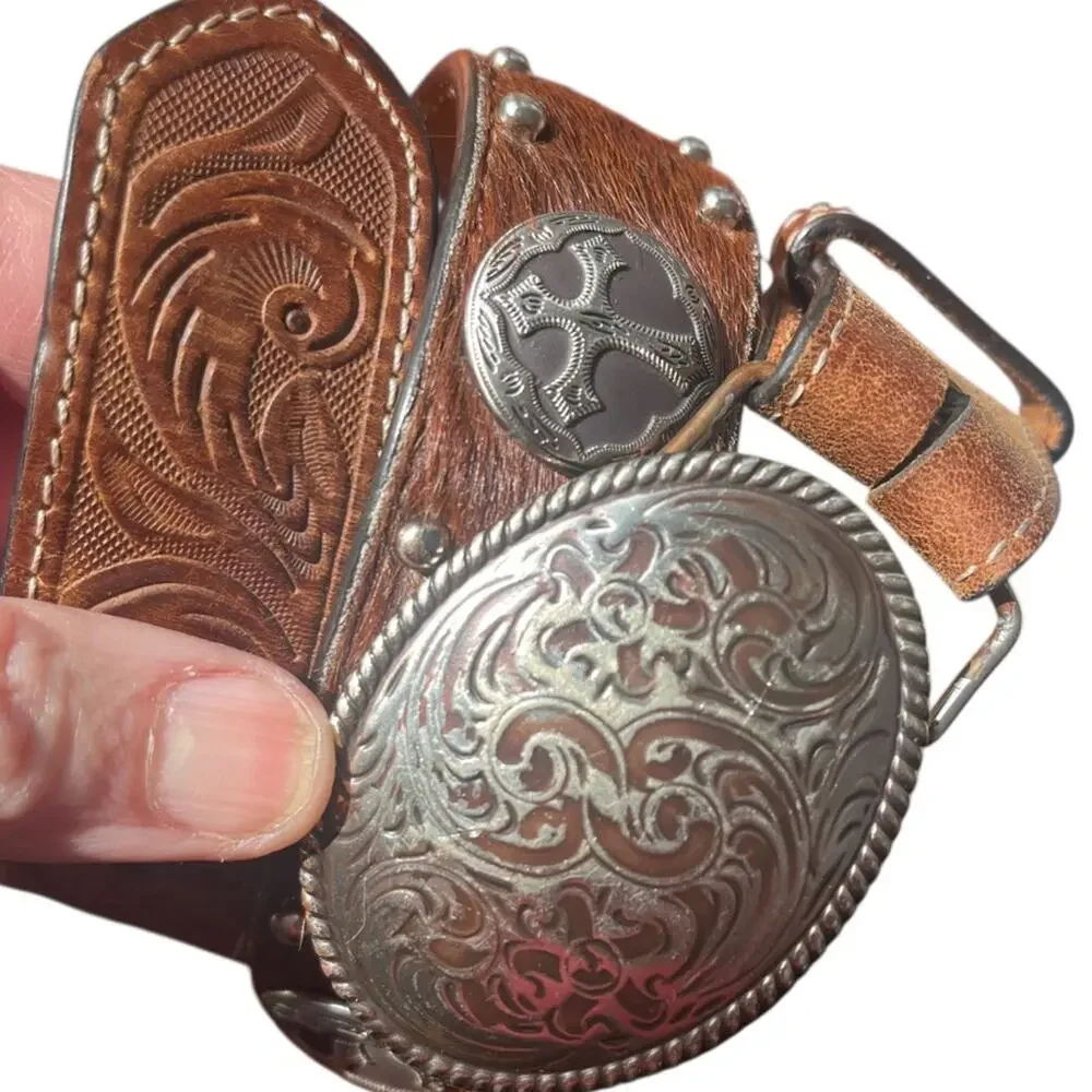 3D Kids Tooled Leather Western Belt 20” Brown Conchos Engraved Buckle Cowboy